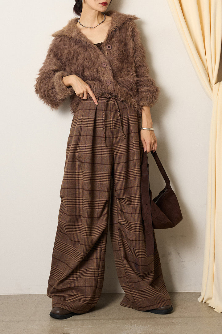 [SET]襟付きシャギーニットカーディガン+グレンチェックルーズタックパンツ(2set)