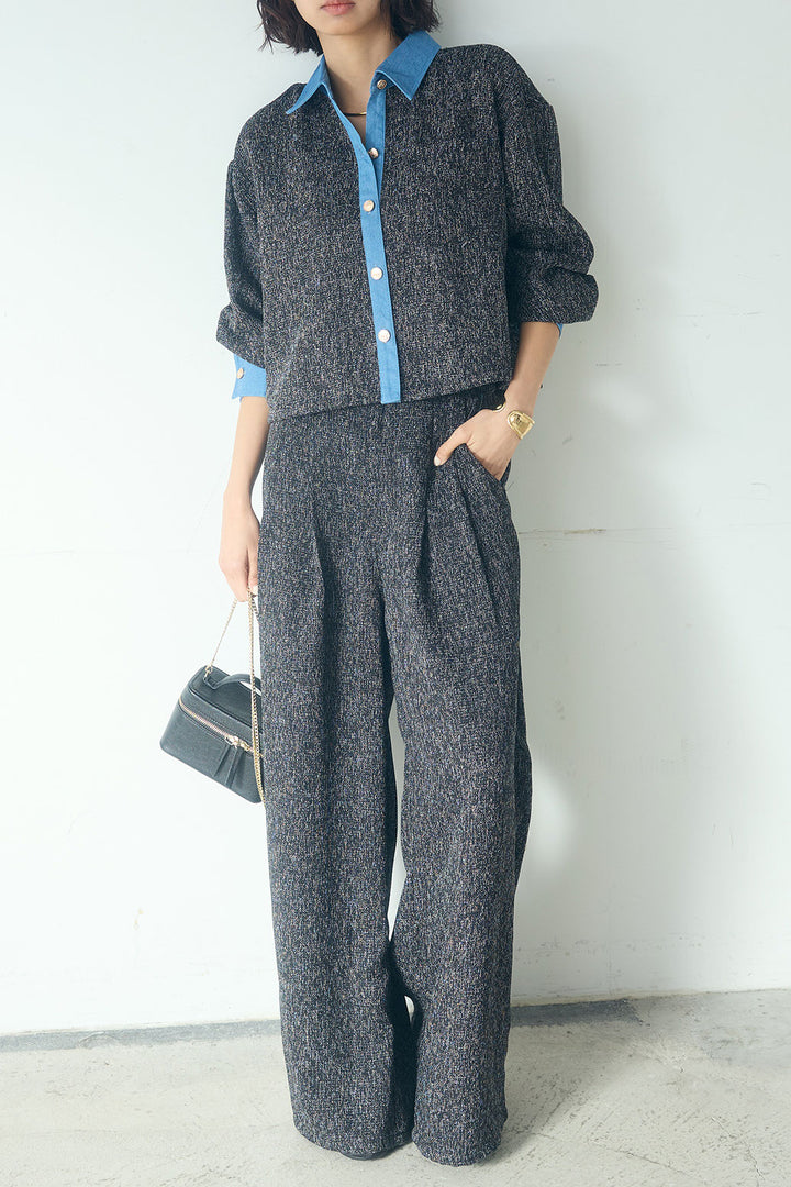 [SET]ツイード×デニムショート丈シャツ+ツイード×デニムハイウエストラインロングパンツ(2set)