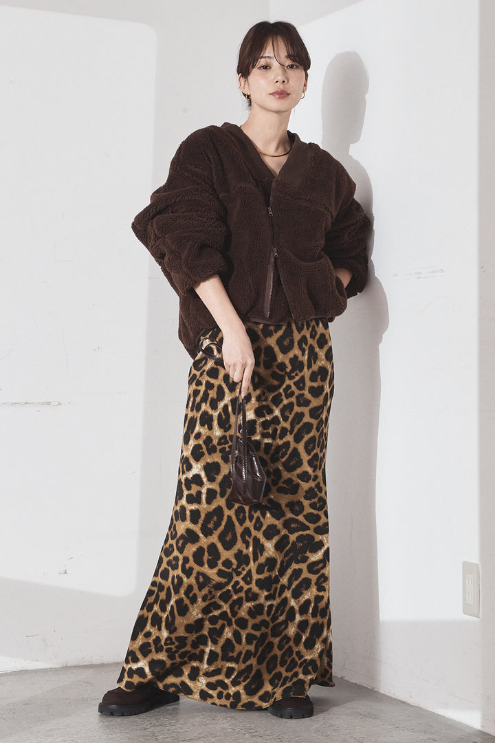 [SET]ノーカラーリブボアアウター+レオパードサテンナロースカート(2set)