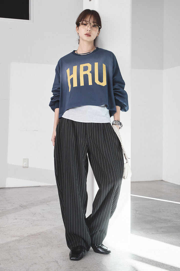 [SET]ビッグロゴHRU袖ボリュームトップス+ヘリンボーンストライプツータックパンツ(2set)