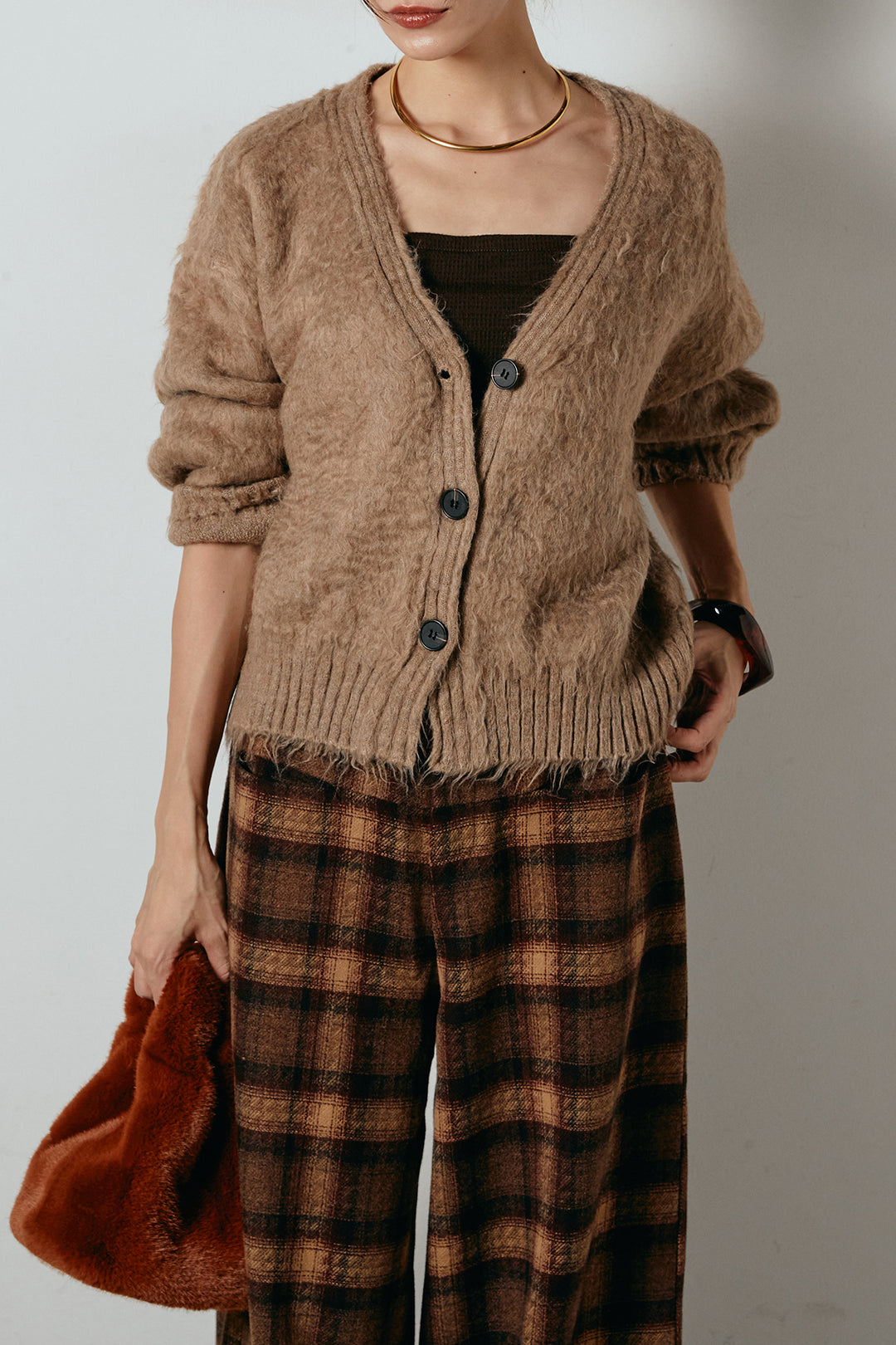 起毛ボタンニットカーディガン/カーキ