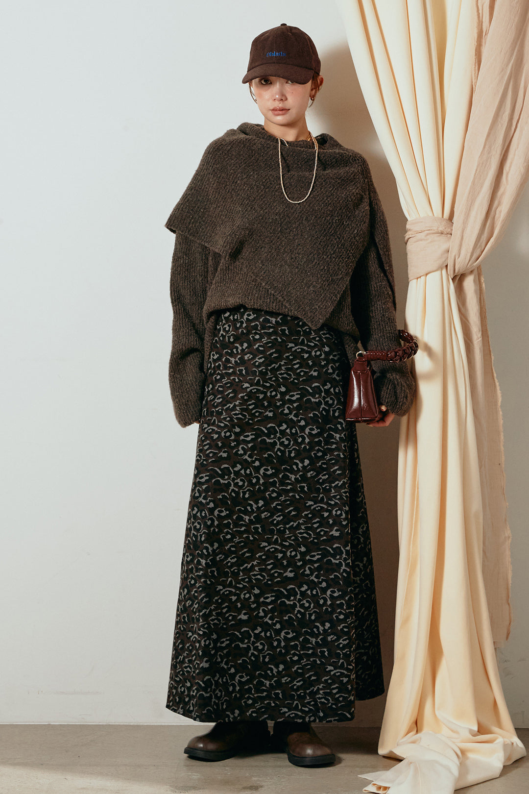 [SET]ケープデザインリブニットトップス+レオパードロングスカート(2set)