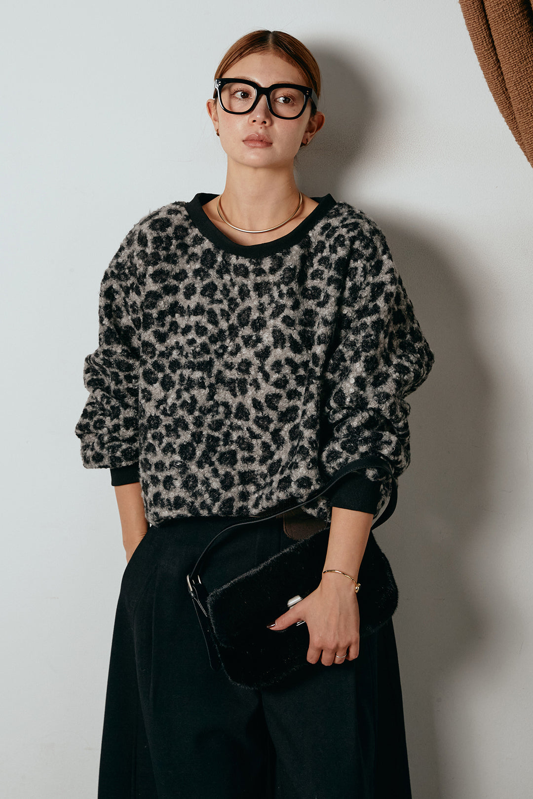 レオパード柄ボアトップス/ブラック