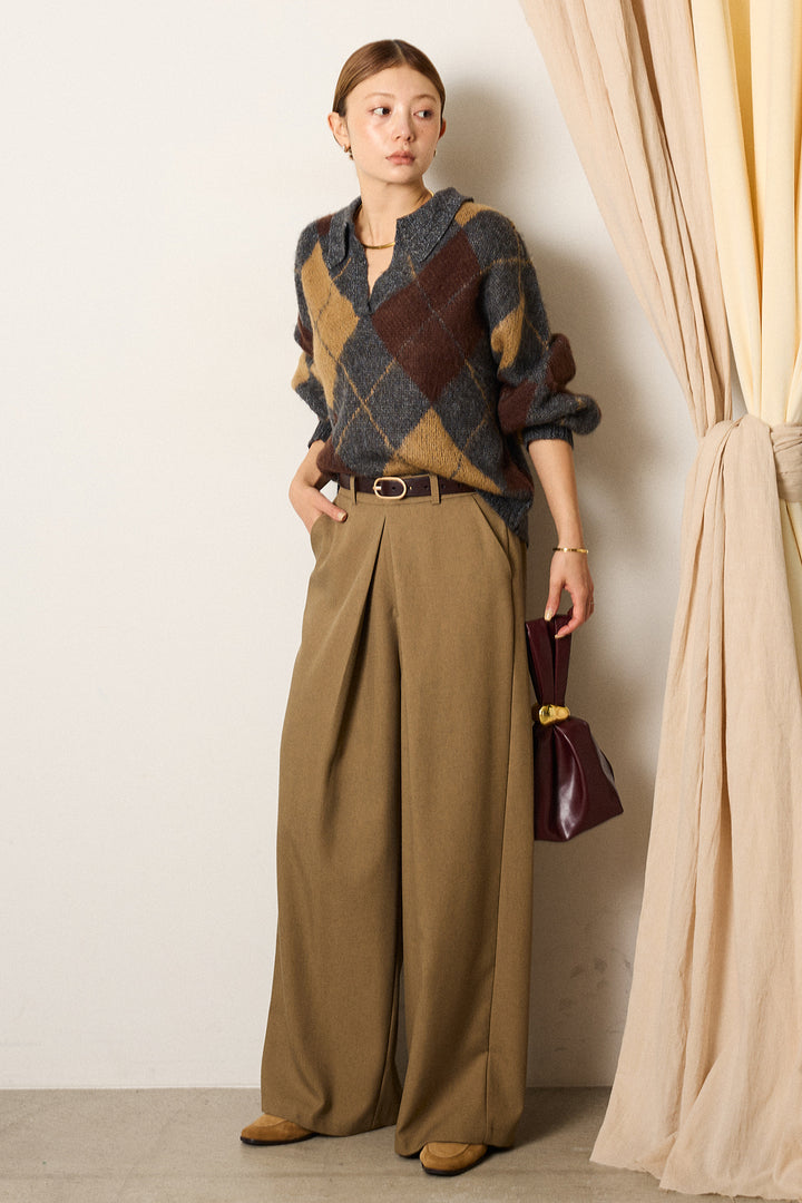 [SET]アクリルモヘアアーガイルキーネックプルオーバー+フロントワイドタックネップ入ワイドパンツ(2set)
