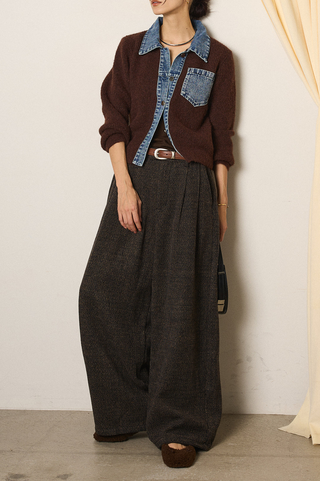 [SET]襟付きデニム切替ニットカーディガン+起毛タック入りツイードワイドパンツ(2set)