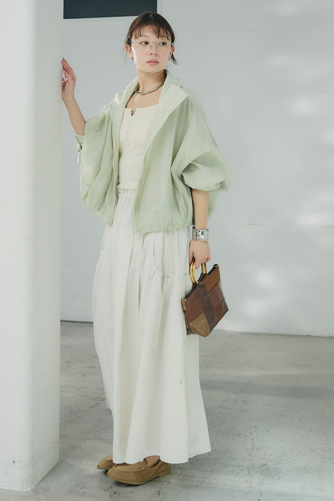 [SET]スタンドネックシアーブルゾン+ナイロンデザインフレアスカート(2set)