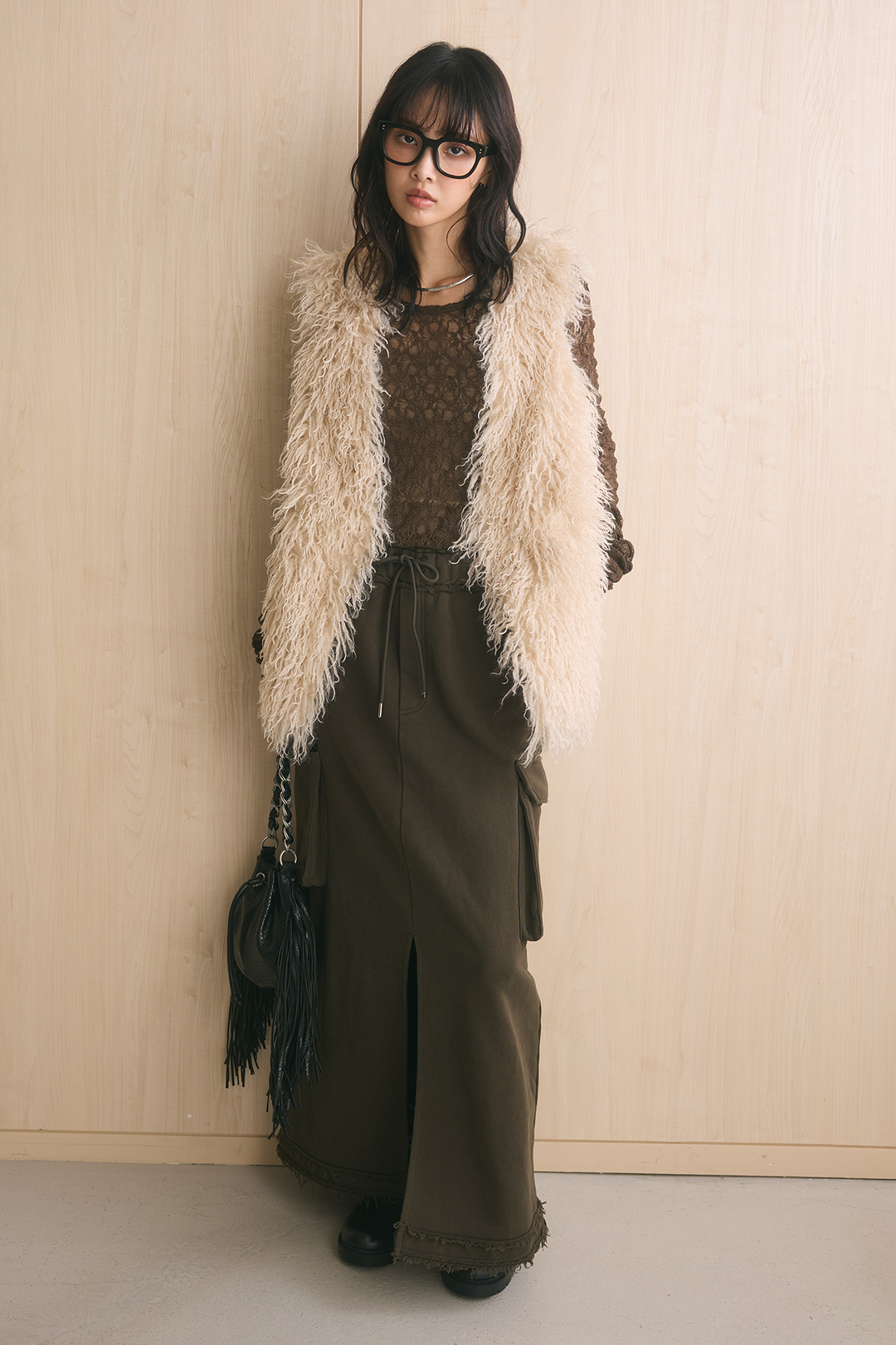 [SET]ロングシャギーファーベスト+2WAYカットレースバックオープンプルオーバー(2set)