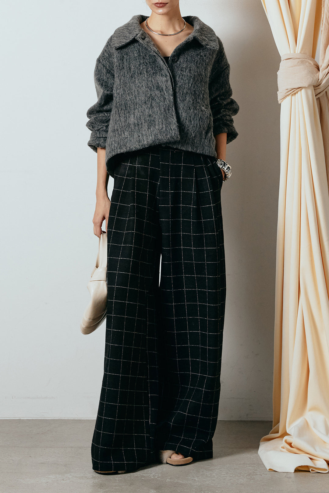 [SET]シャギーショートジャケット+スクエアチェック柄ワイドパンツ(2set)