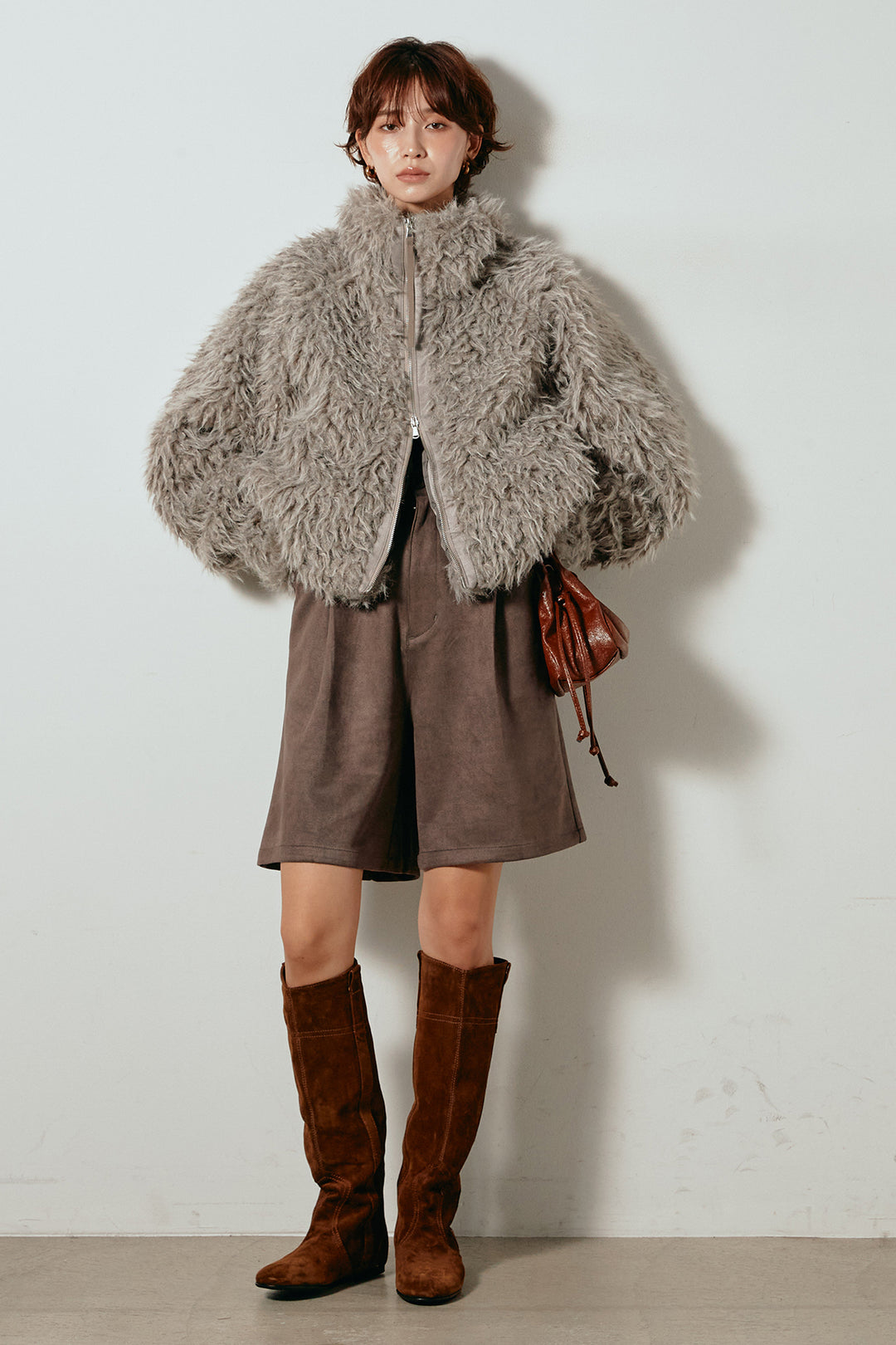 [SET]ミックスシープファースタンドブルゾン+フェイクスウェードハーフパンツ(2set)