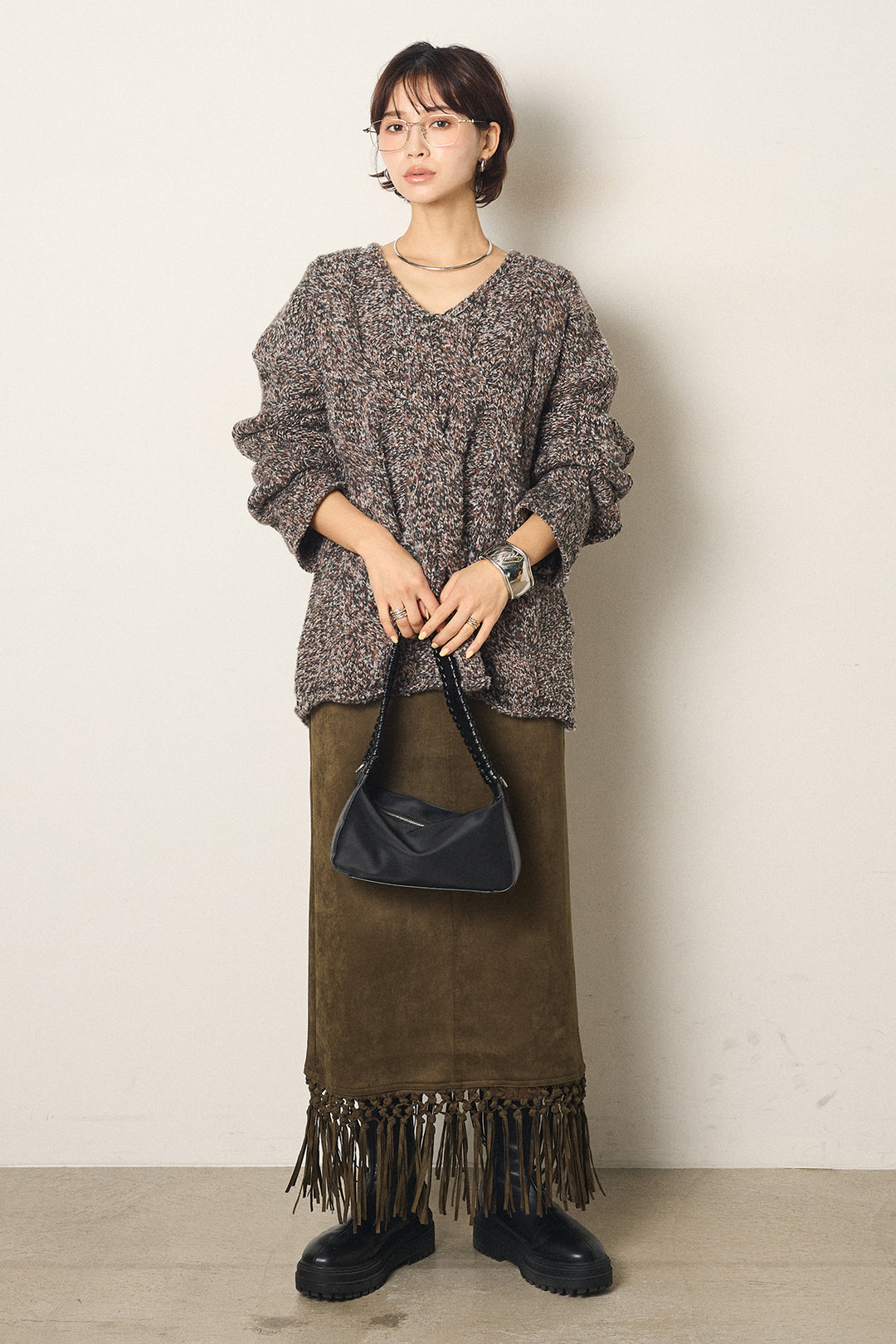 [SET]Vネックミックス編みニットトップス+スウェードライク裾フリンジスカート(2set)