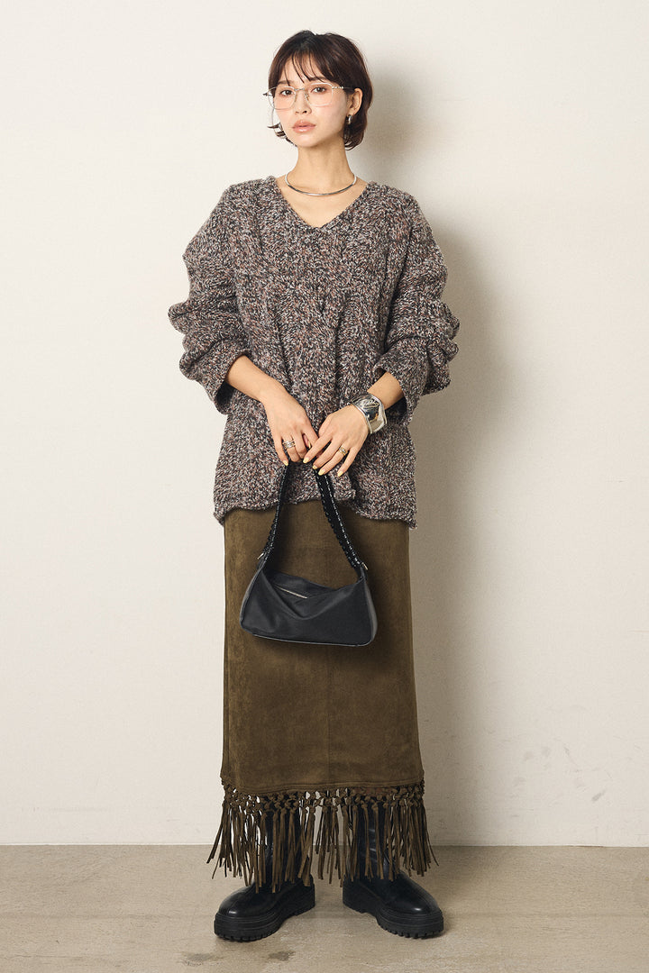 [SET]Vネックミックス編みニットトップス+スウェードライク裾フリンジスカート(2set)