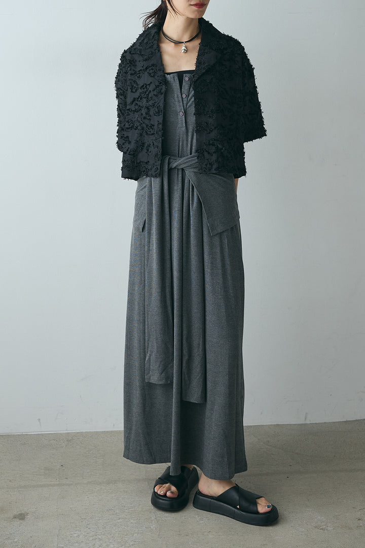 [SET]半袖オープンカラージャガード柄シャツ+ウエスト巻きリブロングワンピース(2set)