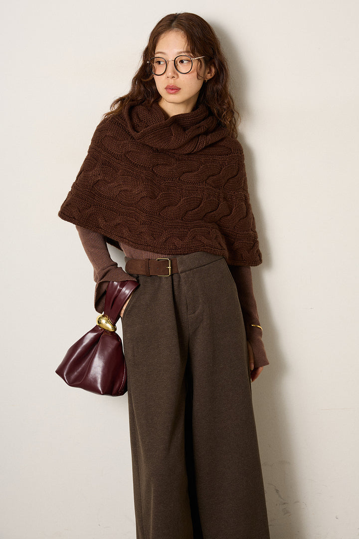 [SET]ケーブル編みケープレイヤードニット+サイドベルトパンツ(2set)