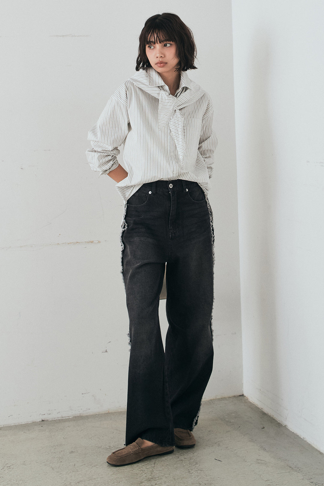 [SET]ランダムストライプスカーフ付きシャツ+デニムサイドフリルパンツ(2set)