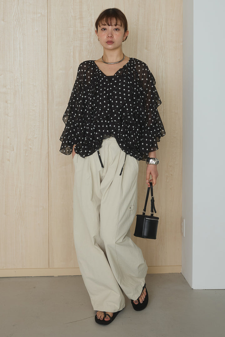 [SET]ドットフリル長袖ブラウス+コットンポリツータックセンターシームカーブパンツ(2set)