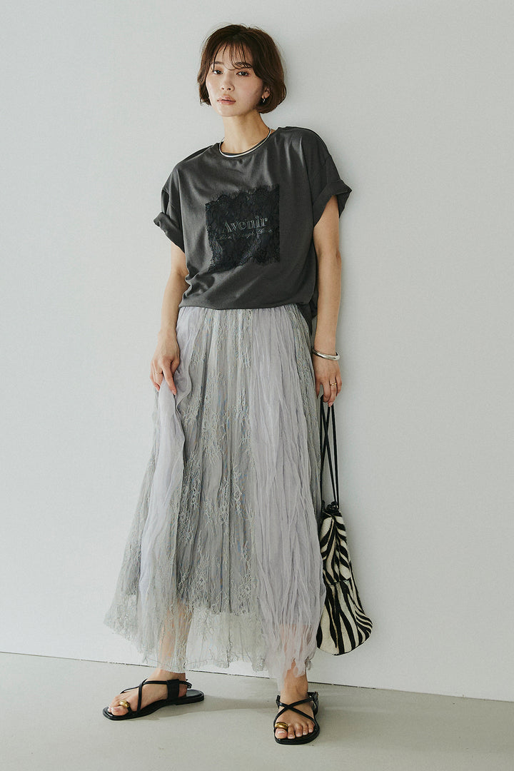 [SET]レースロゴ刺繍Tシャツ+レースコンビワッシャーギャザースカート(2set)