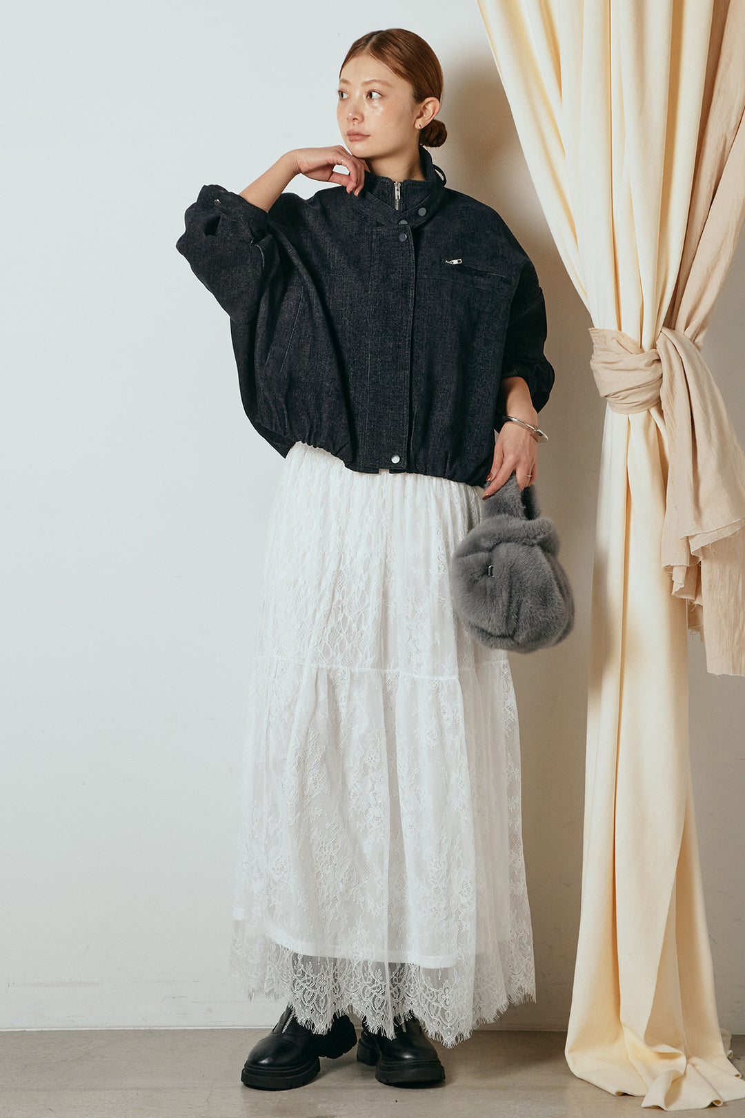 [SET]デニム調ハイネックブルゾン+ひげレース切替ロング丈スカート(2set)