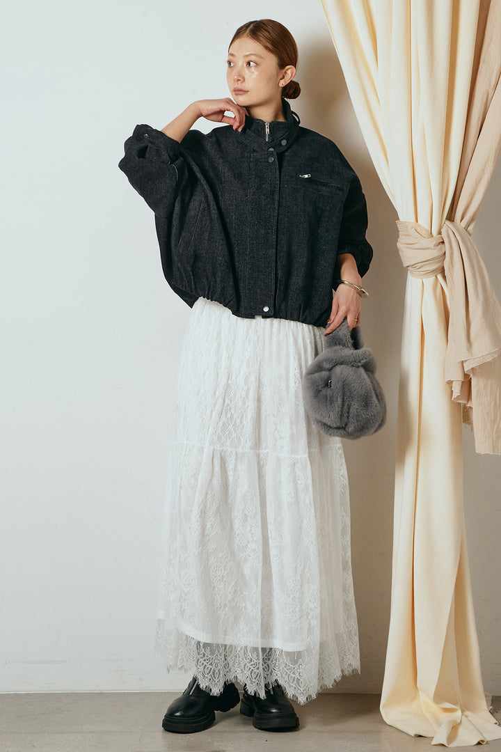[SET]デニム調ハイネックブルゾン+ひげレース切替ロング丈スカート(2set)