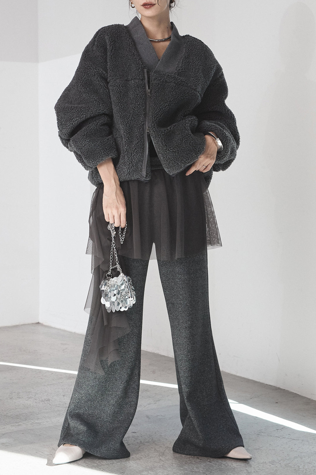 [SET]ノーカラーリブボアアウター+チュールレイヤードニットパンツ(2set)