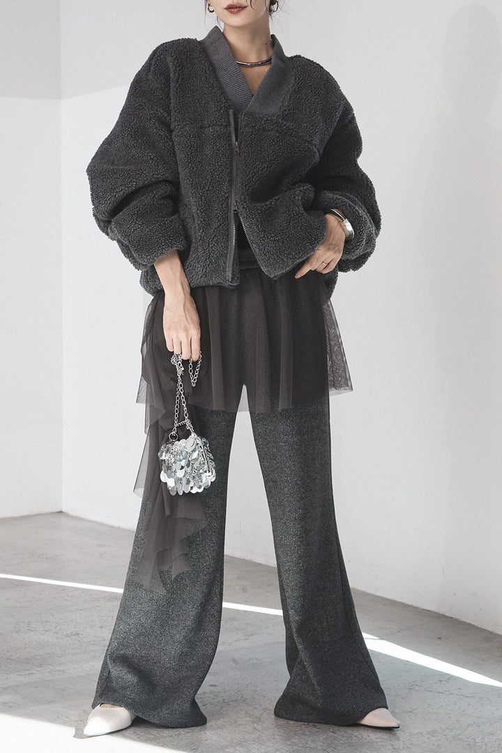 [SET]ノーカラーリブボアアウター+チュールレイヤードニットパンツ(2set)