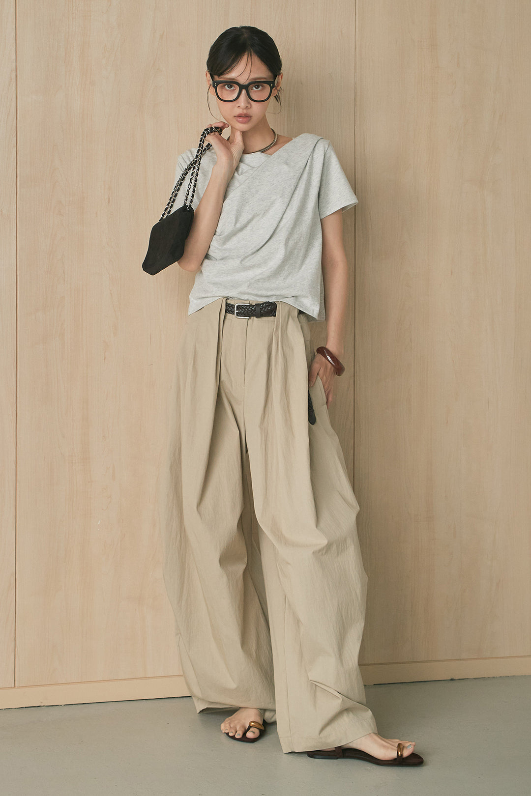 [SET]綿天竺半袖オフショルTシャツ+ニーサイドタックボリュームカーブパンツ(2set)