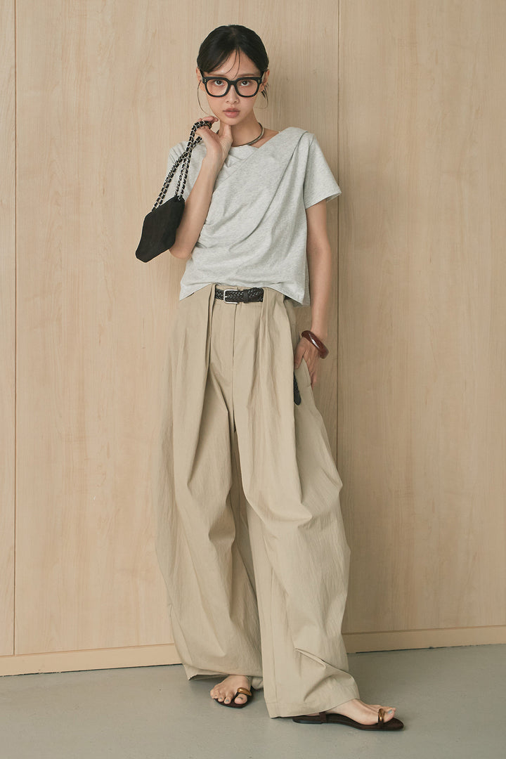 [SET]綿天竺半袖オフショルTシャツ+ニーサイドタックボリュームカーブパンツ(2set)