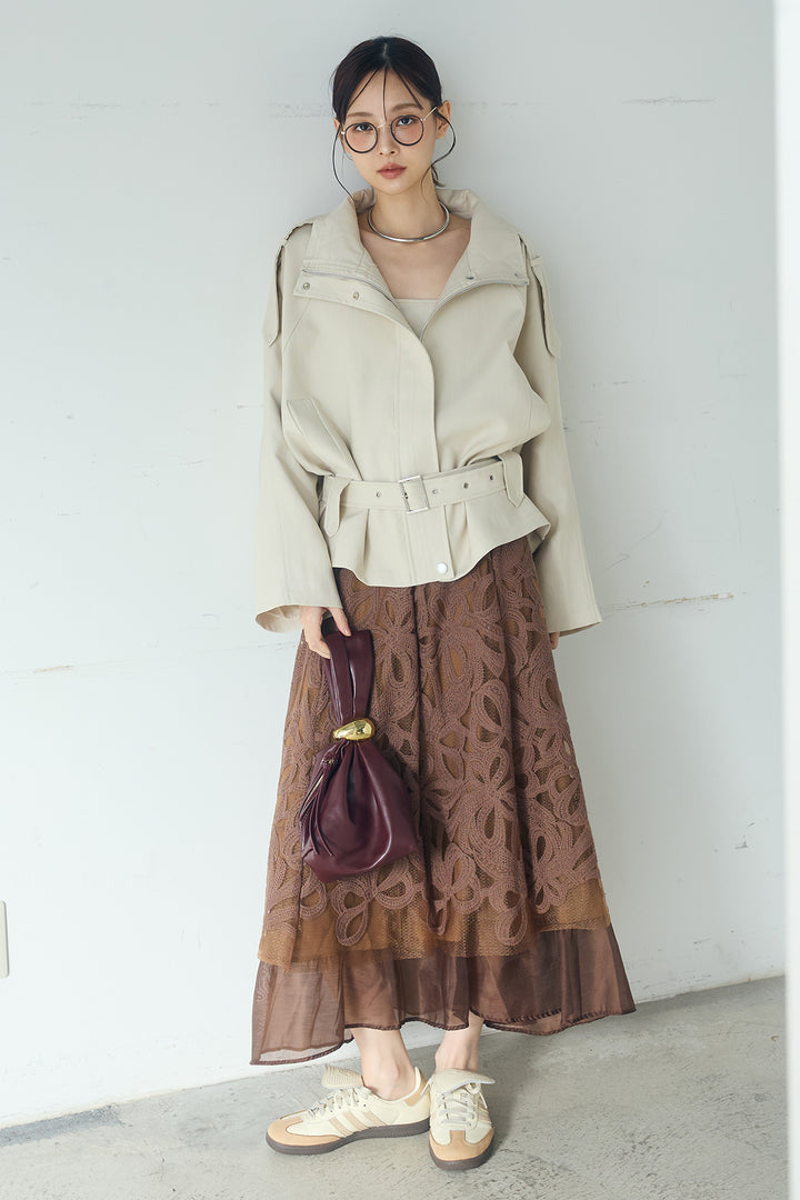[SET]ベルト付きスタンドネックアウター+ニュアンス柄刺繍スカート(2set)
