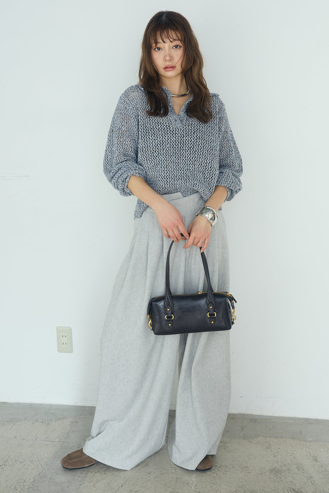 [SET]ミックスメッシュポロニット+麻混タックワイドパンツ(2set)