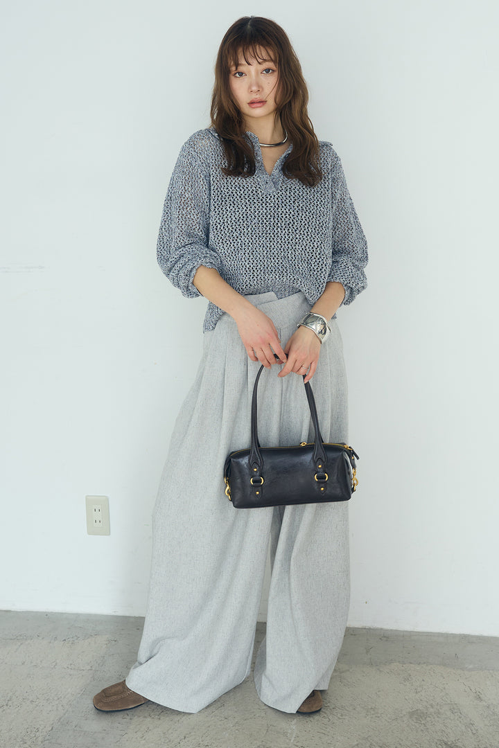 [SET]ミックスメッシュポロニット+麻混タックワイドパンツ(2set)