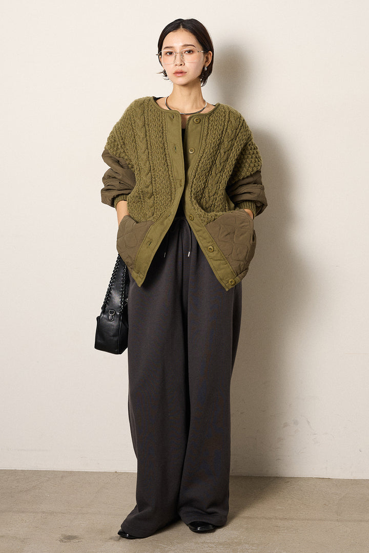 [SET]アラン編みニットノーカラー裾キルティングブルゾン+裏起毛スウェットワイドパンツ(2set)