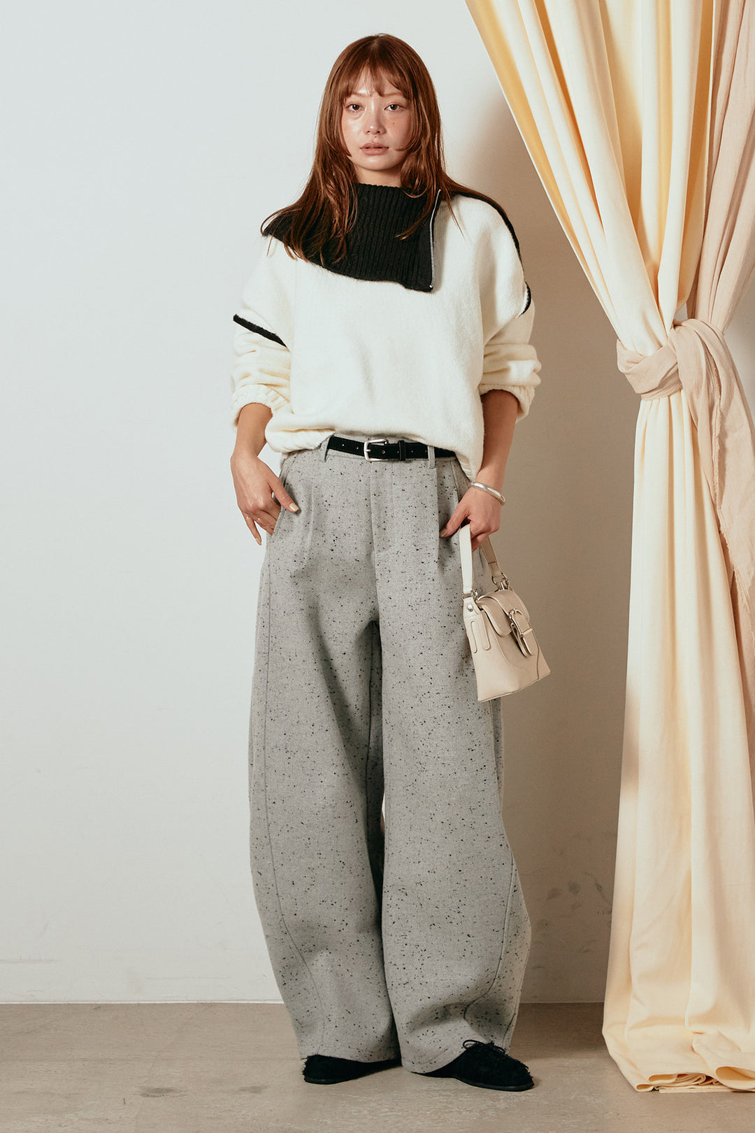 [SET]ハイネックジップデザインニットトップス+ベルト付きネップツイードカーブパンツ(2set)