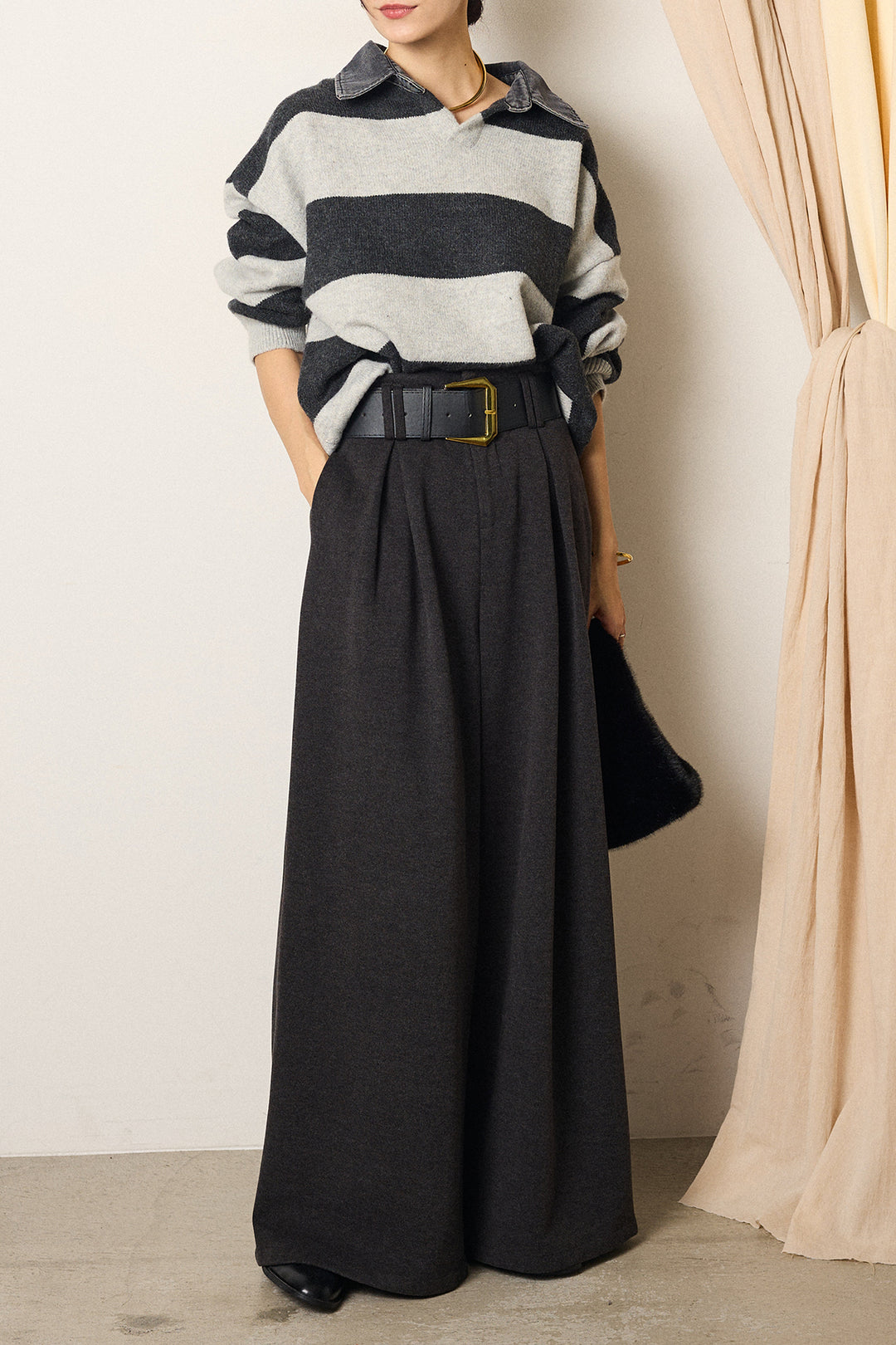 [SET]デニムカラーボーダールーズニット+ゴールドバックル太ベルト付きワイドパンツ(2set)
