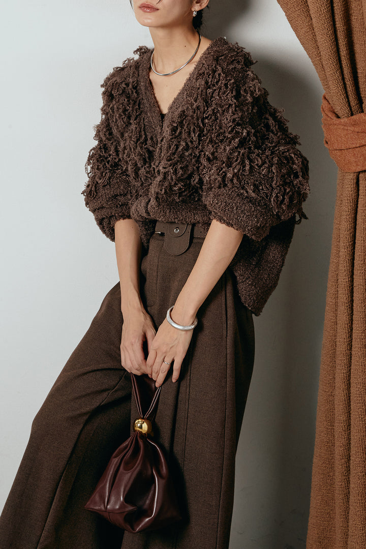 [SET]ループ編みVネックニットカーディガン+ポーチベルト付きカーブパンツ(2set)