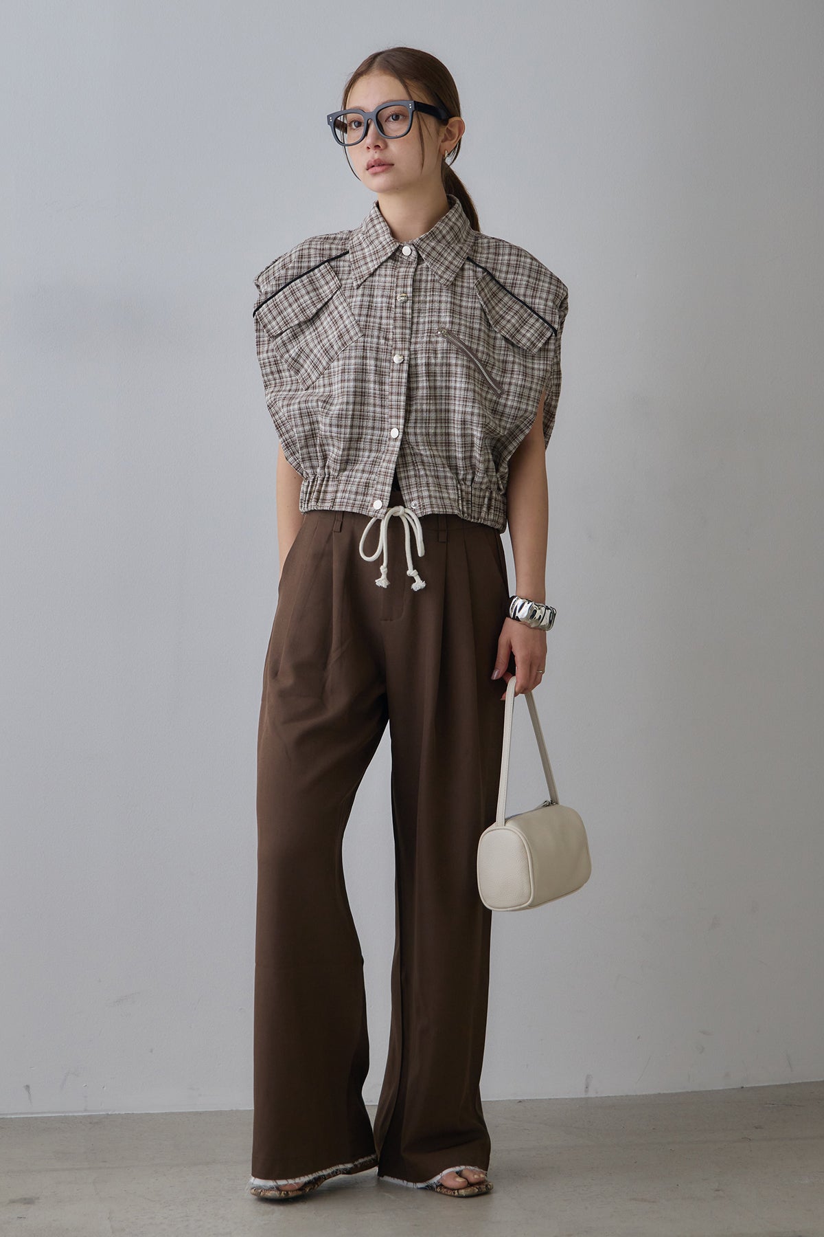 SET]ジップデザインチェックショートシャツ+裾切りっぱなしデザイン