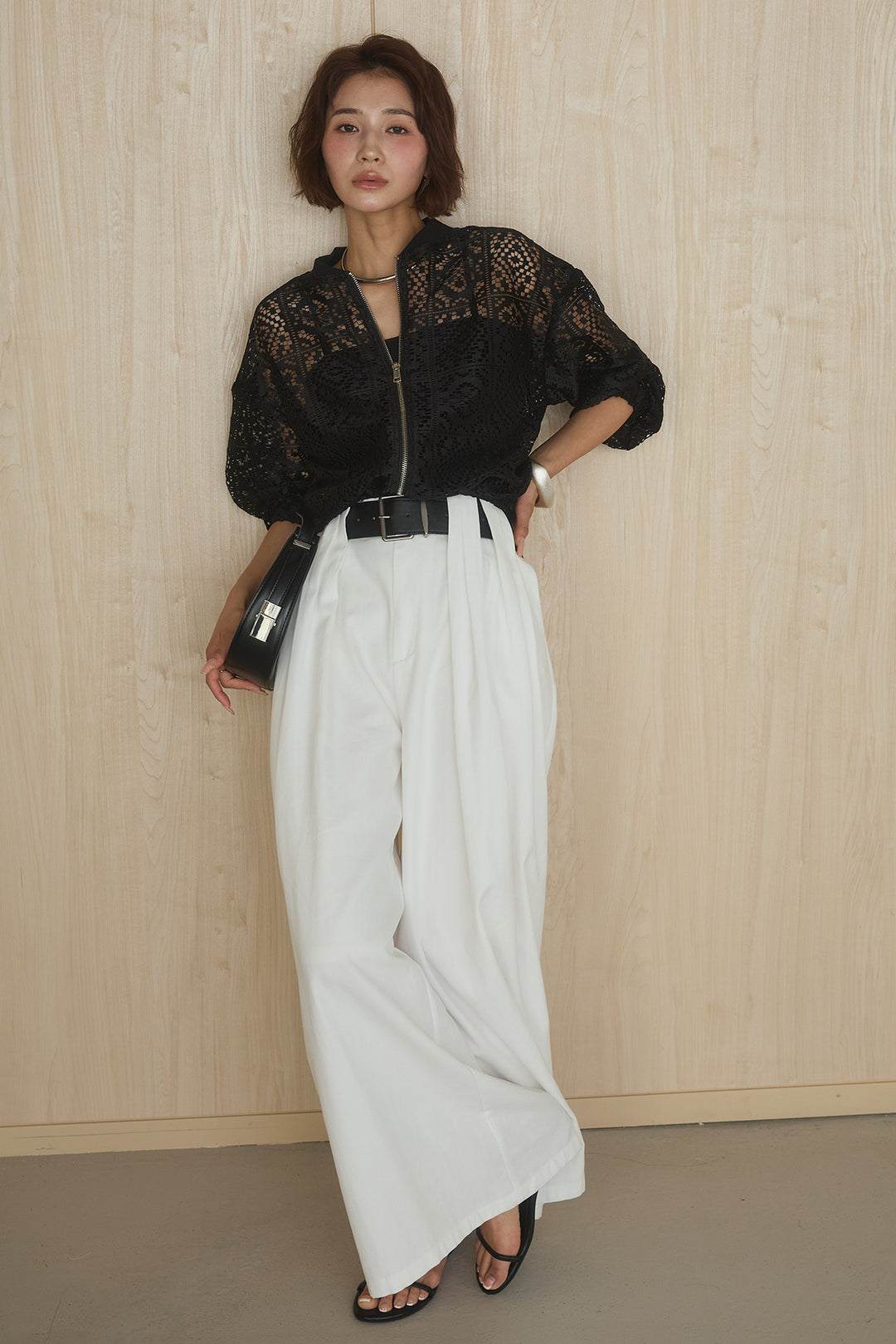 [SET]幾何レースブルゾン+ベルト付きビックループワイドパンツ(2set)