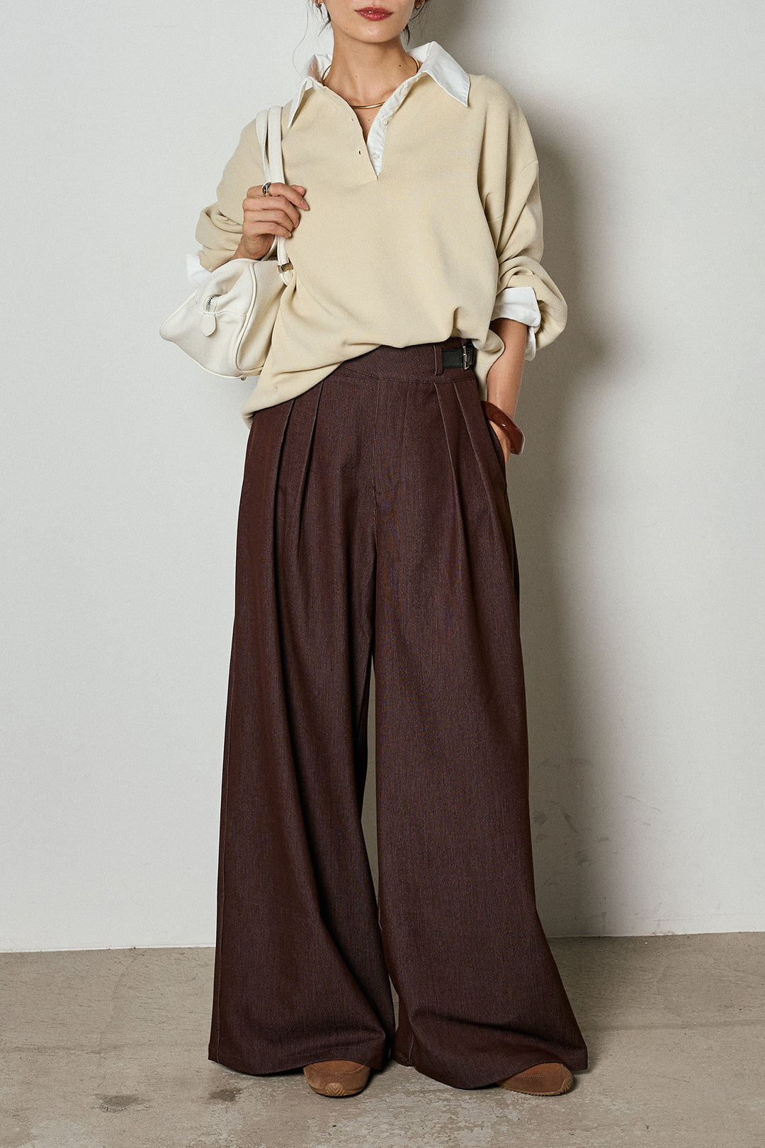 【即納】ウエストベルト付きタックワイドパンツ