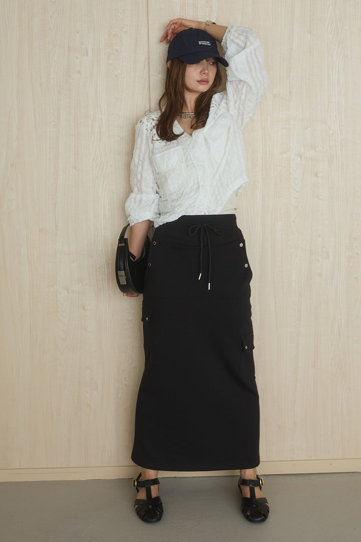 [SET]異素材切替シアーメッシュカーディガン+ドットボタン付きカットタイトスカート(2set)