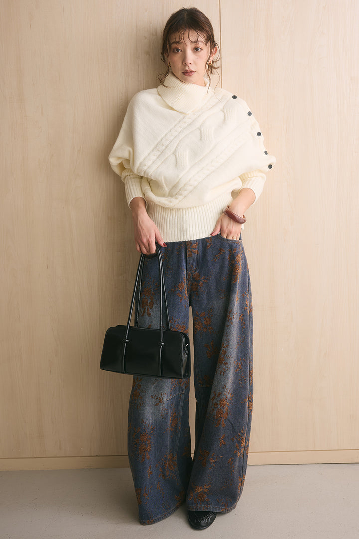 [SET]アシメカラーボタンケーブルニット+フラワーモチーフ刺繍カーブデニム(2set)