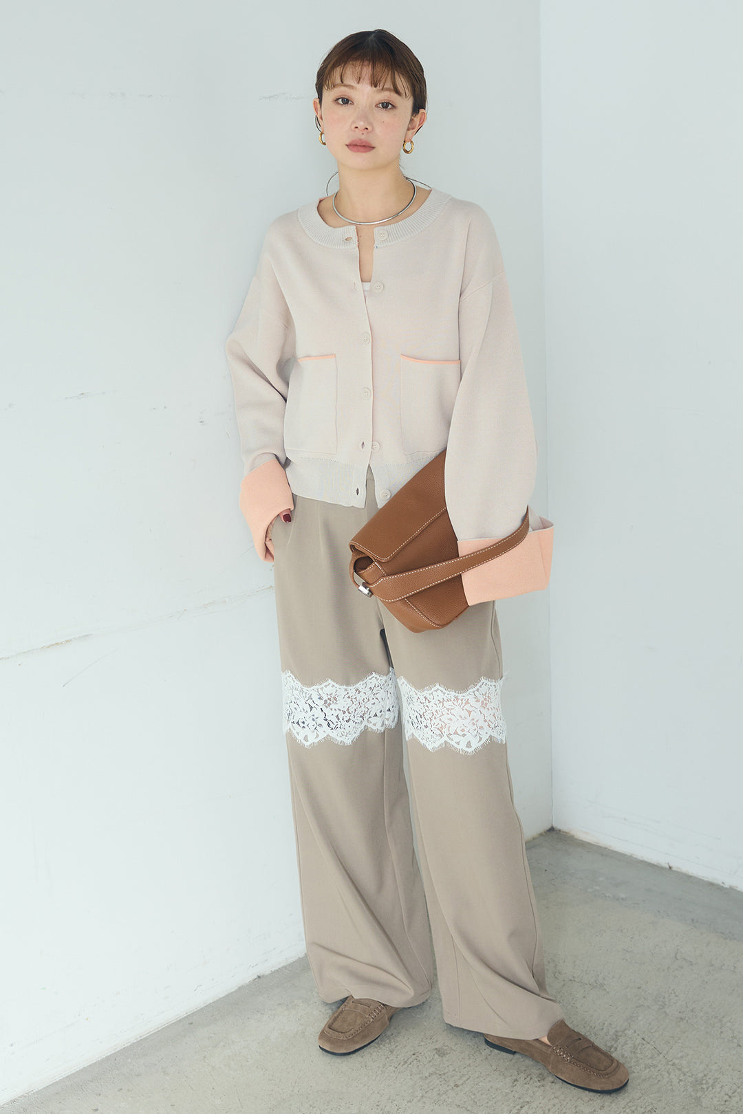 [SET]レーヨンポリダブルフェイスカーディガン+レース刺繍切替ワイドパンツ(2set)