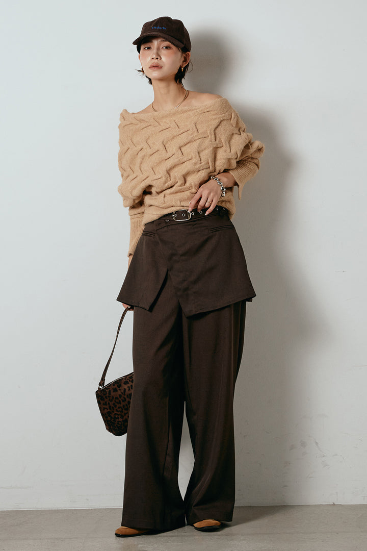 [SET]ボートネックニットトップス+ベルト付きウエストデザインパンツ(2set)