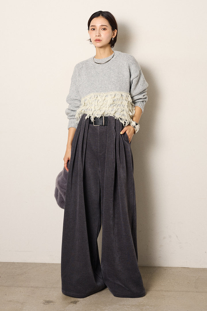 [SET]ループ編み切り替えニットプルオーバー+ベルトループコーデュロイワイドパンツ(2set)