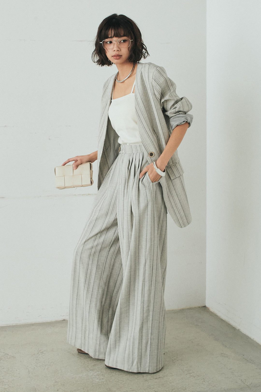 [SET]ノーカラーピンストライプジャケット+ピンストライプワイドスラックス(2set)