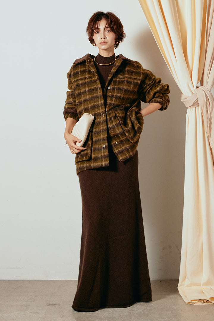 [SET]チェックシャギーミドルカバーオール+ノースリーブニットロングワンピース(2set)