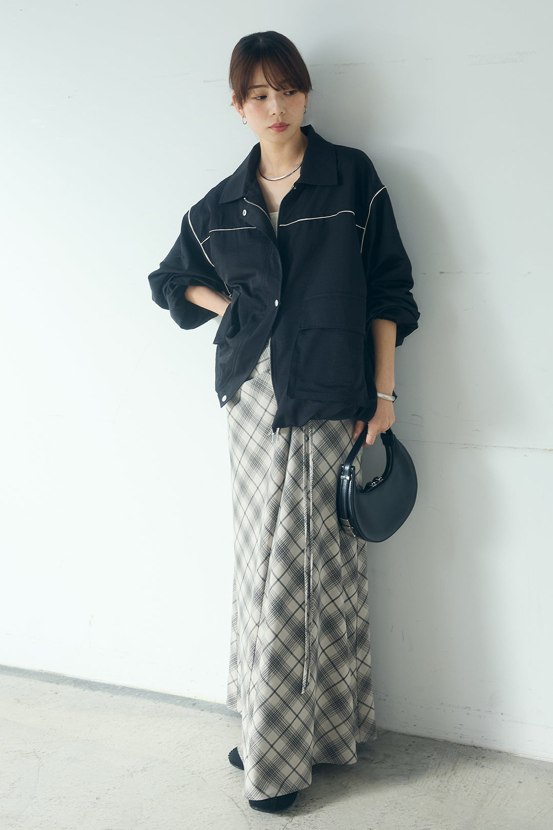 [SET]合繊ツイルバルーンジャケット+タータンチェック柄フロントデザインスカート(2set)