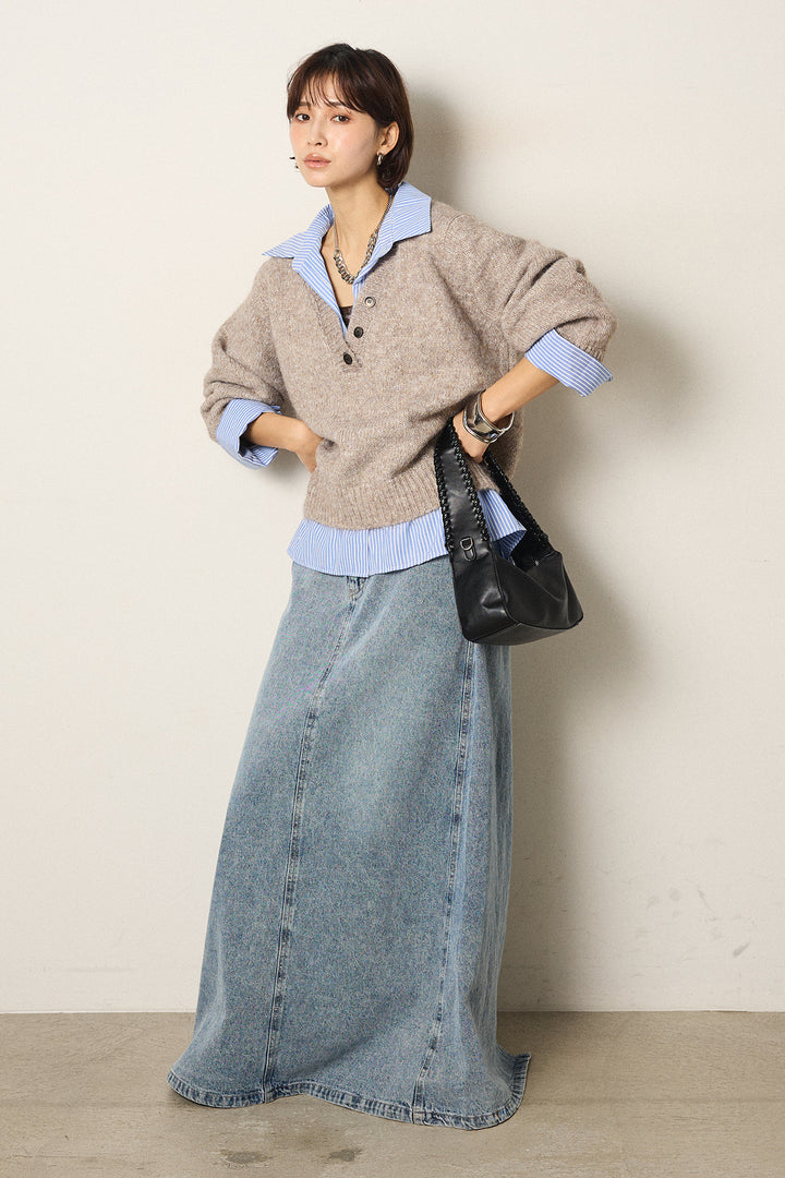 [SET]ストライプシャツドッキングニットポロトップス+デニムロングフレアスカート(2set)