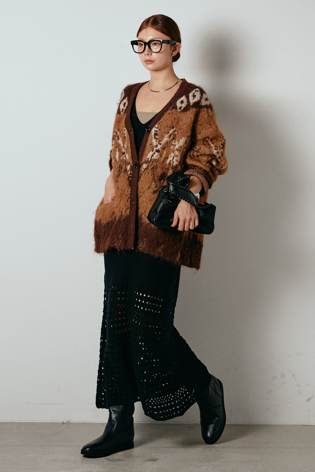 [SET]シャギーニュアンス柄ニットカーディガン+裾透かし編みキャミソールニットワンピース(2set)