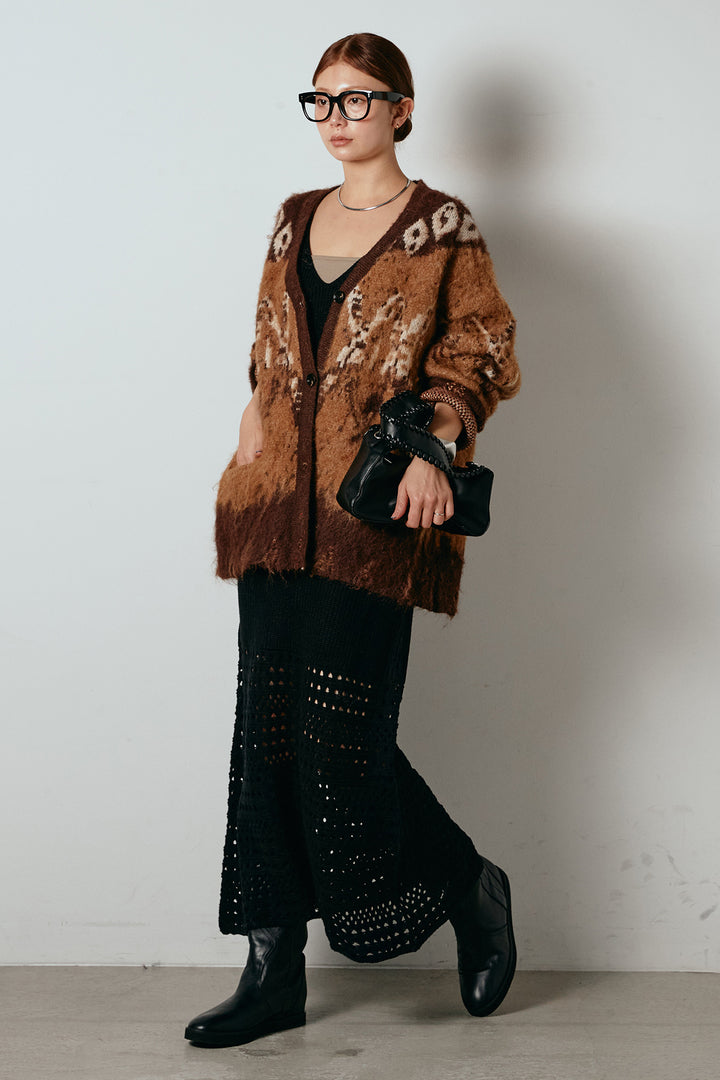 [SET]シャギーニュアンス柄ニットカーディガン+裾透かし編みキャミソールニットワンピース(2set)