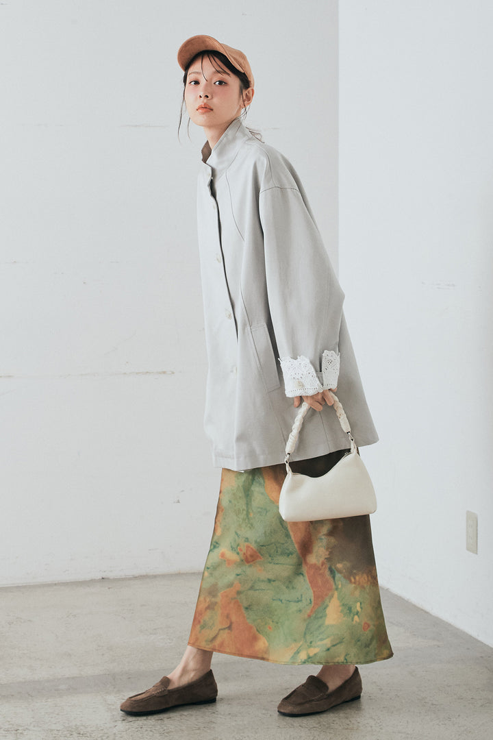 [SET]袖折り返しレースデザインアウター+ニュアンス柄サテンスカート(2set)