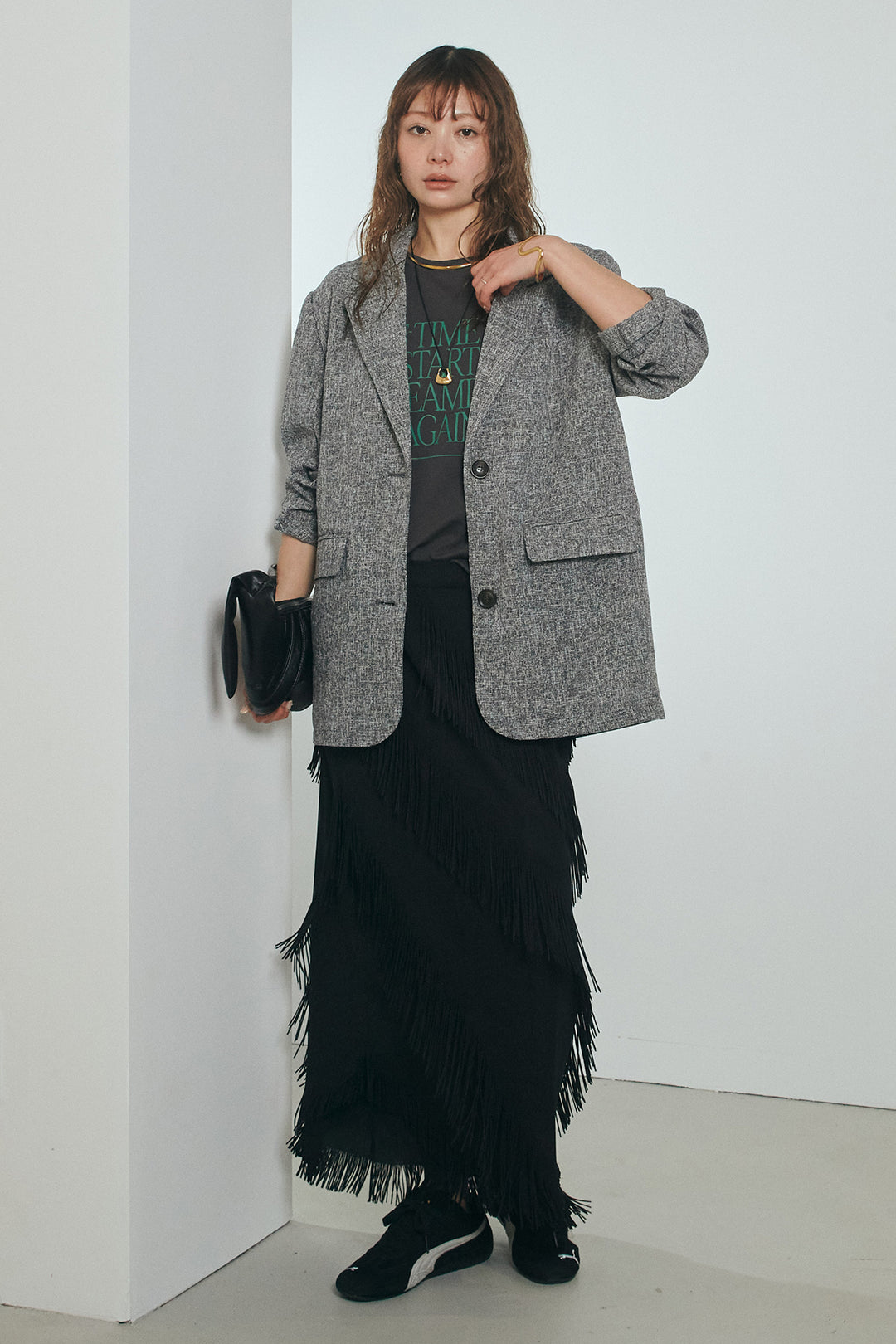 [SET]ミックスツイードベルト付きジャケット+斜めフリンジデザインスカート(2set)