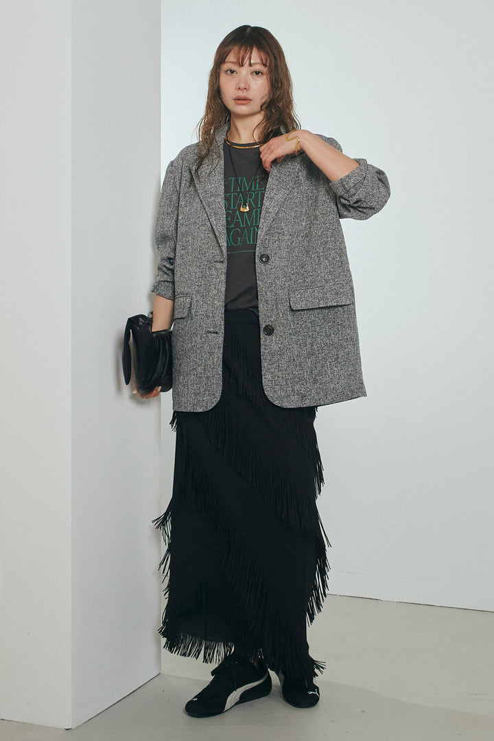 [SET]ミックスツイードベルト付きジャケット+斜めフリンジデザインスカート(2set)